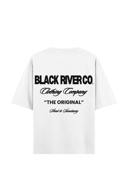 black river white oversized graphic t-shirt at unseen grail. local brands south africa. streetwear. men and women. studio image flat lay front. galxboy, bantu, boys of soweto