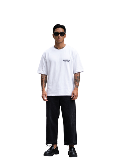 black river white oversized graphic t-shirt at unseen grail. local brands south africa. streetwear. men and women. studio image men front. galxboy, bantu, boys of soweto