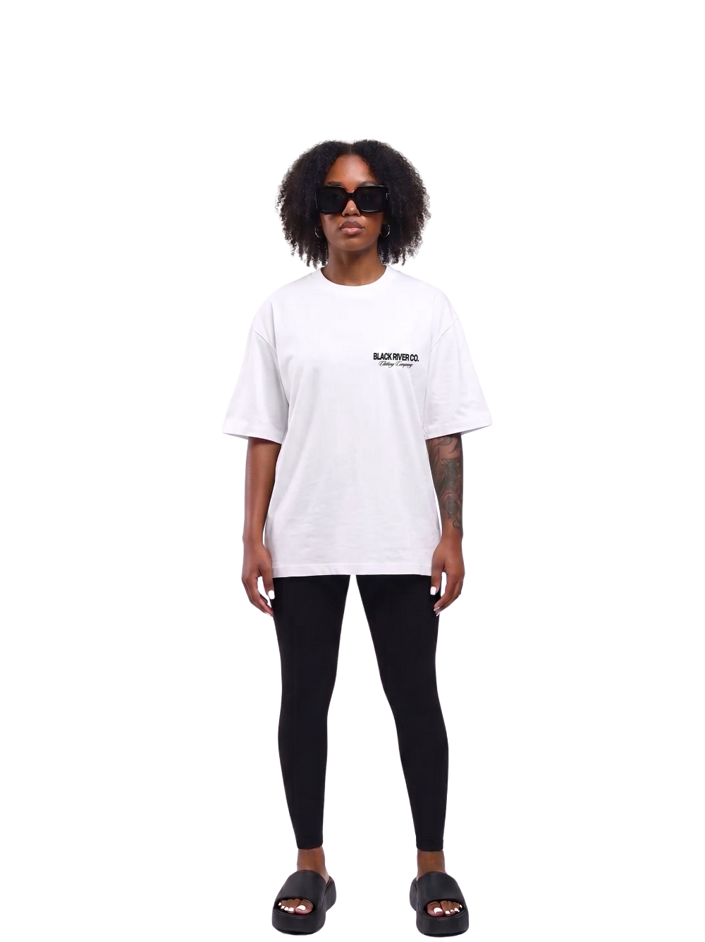 black river white oversized graphic t-shirt at unseen grail. local brands south africa. streetwear. men and women. studio image women front. galxboy, bantu, boys of soweto