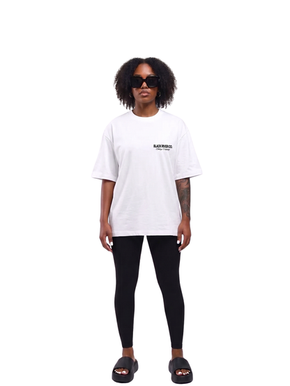 black river white oversized graphic t-shirt at unseen grail. local brands south africa. streetwear. men and women. studio image women front. galxboy, bantu, boys of soweto