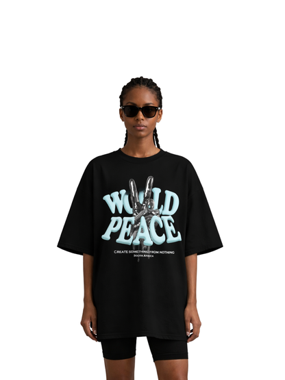 blank collection black oversized graphic t shirt at unseen grail. local brands south africa. streetwear. men and women. studio image female model 