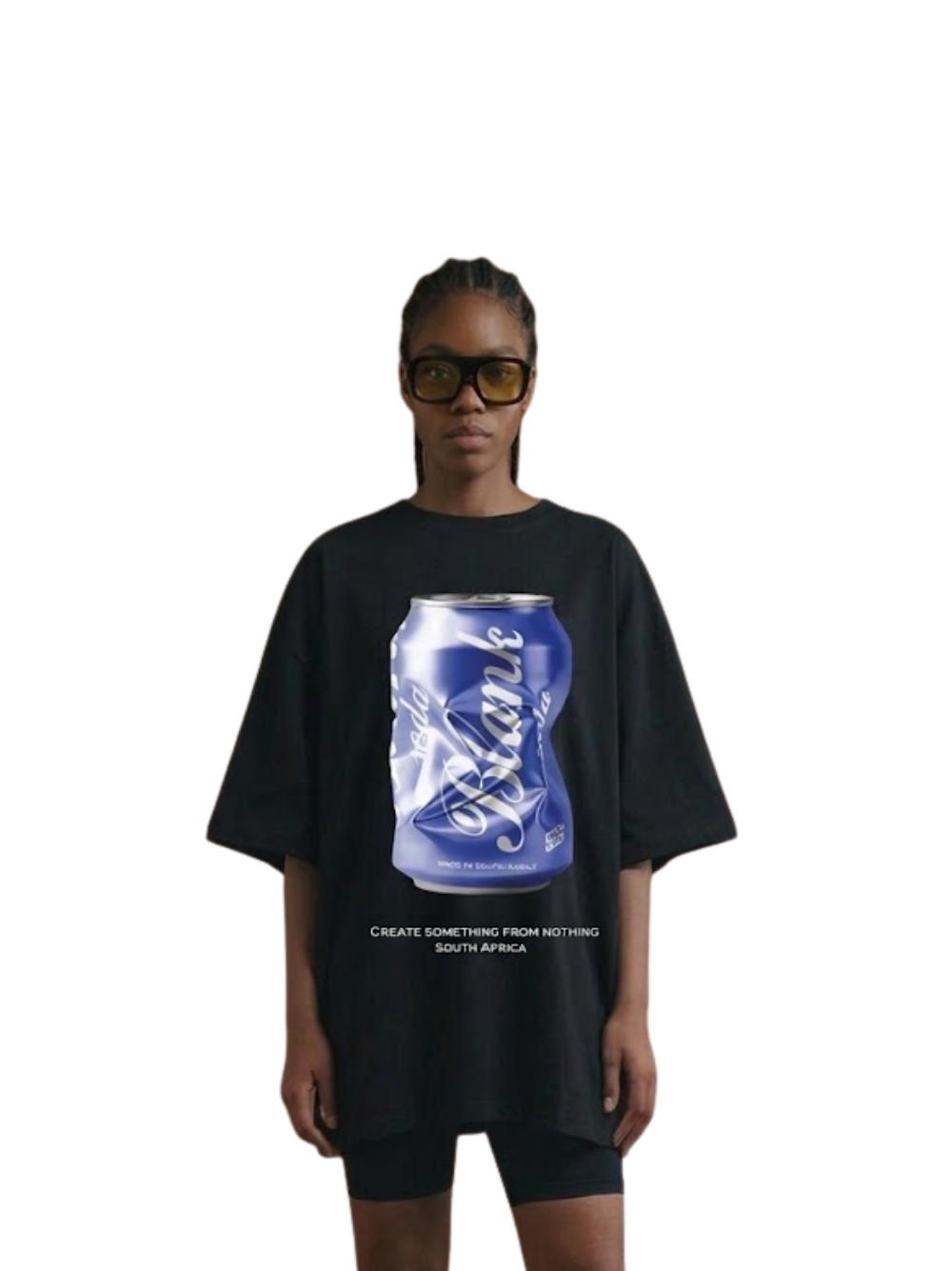 blank collection black oversized graphic t shirt at unseen grail. local brands south africa. streetwear. men and women. studio image female model front view