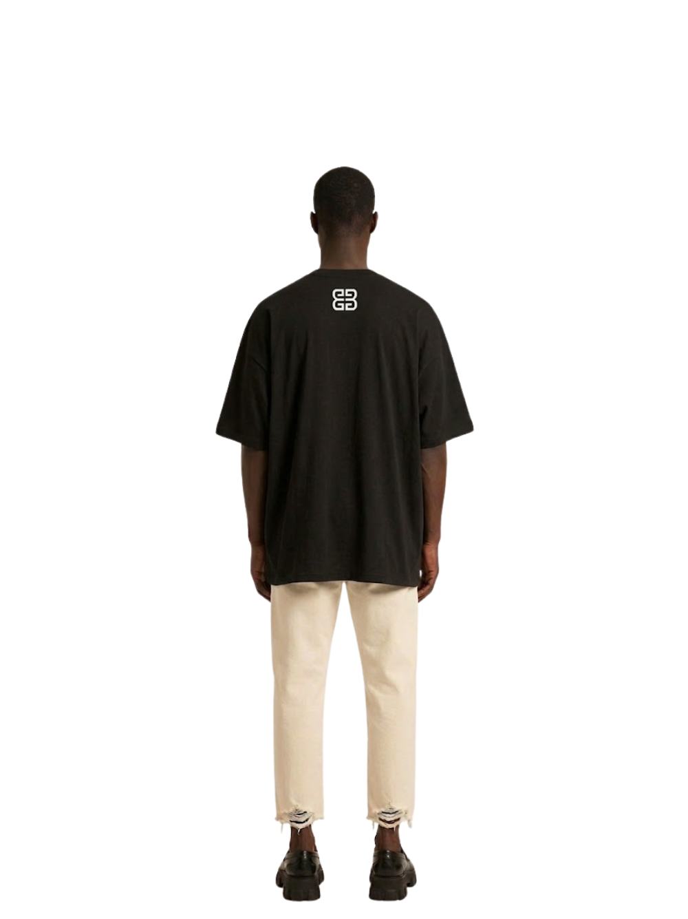 blank collection black oversized graphic t shirt at unseen grail. local brands south africa. streetwear. men and women. studio image full outfit men behind