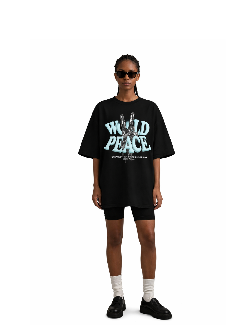 blank collection black oversized graphic t shirt at unseen grail. local brands south africa. streetwear. men and women. studio image full outfit women