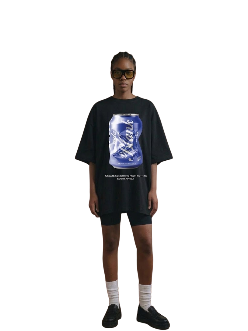 blank collection black oversized graphic t shirt at unseen grail. local brands south africa. streetwear. men and women. studio image full outfit women front