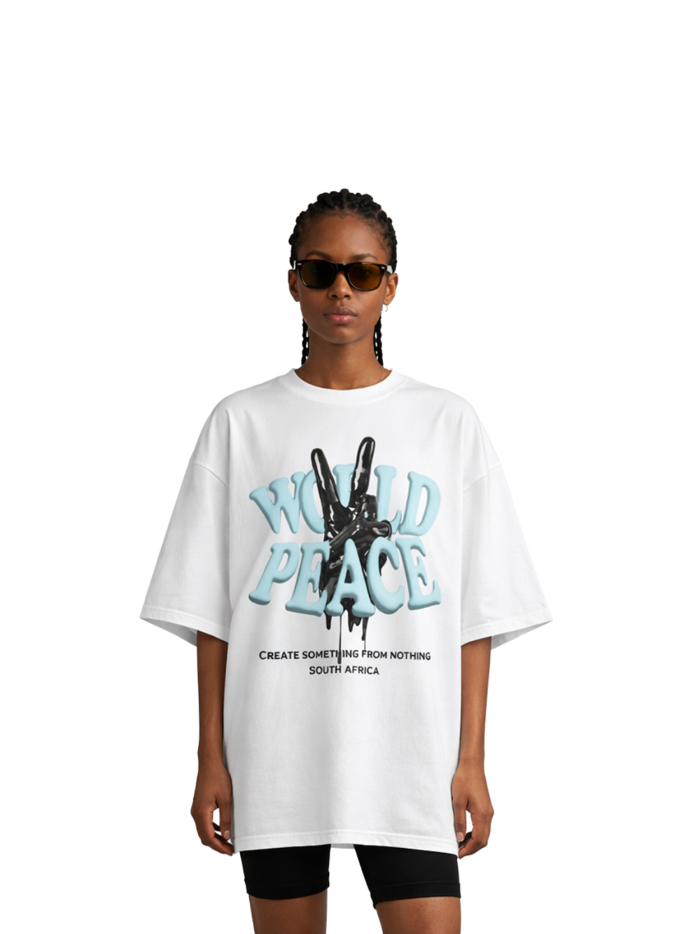 blank collection white oversized graphic t shirt at unseen grail. local brands south africa. streetwear. men and women. studio image female model front view