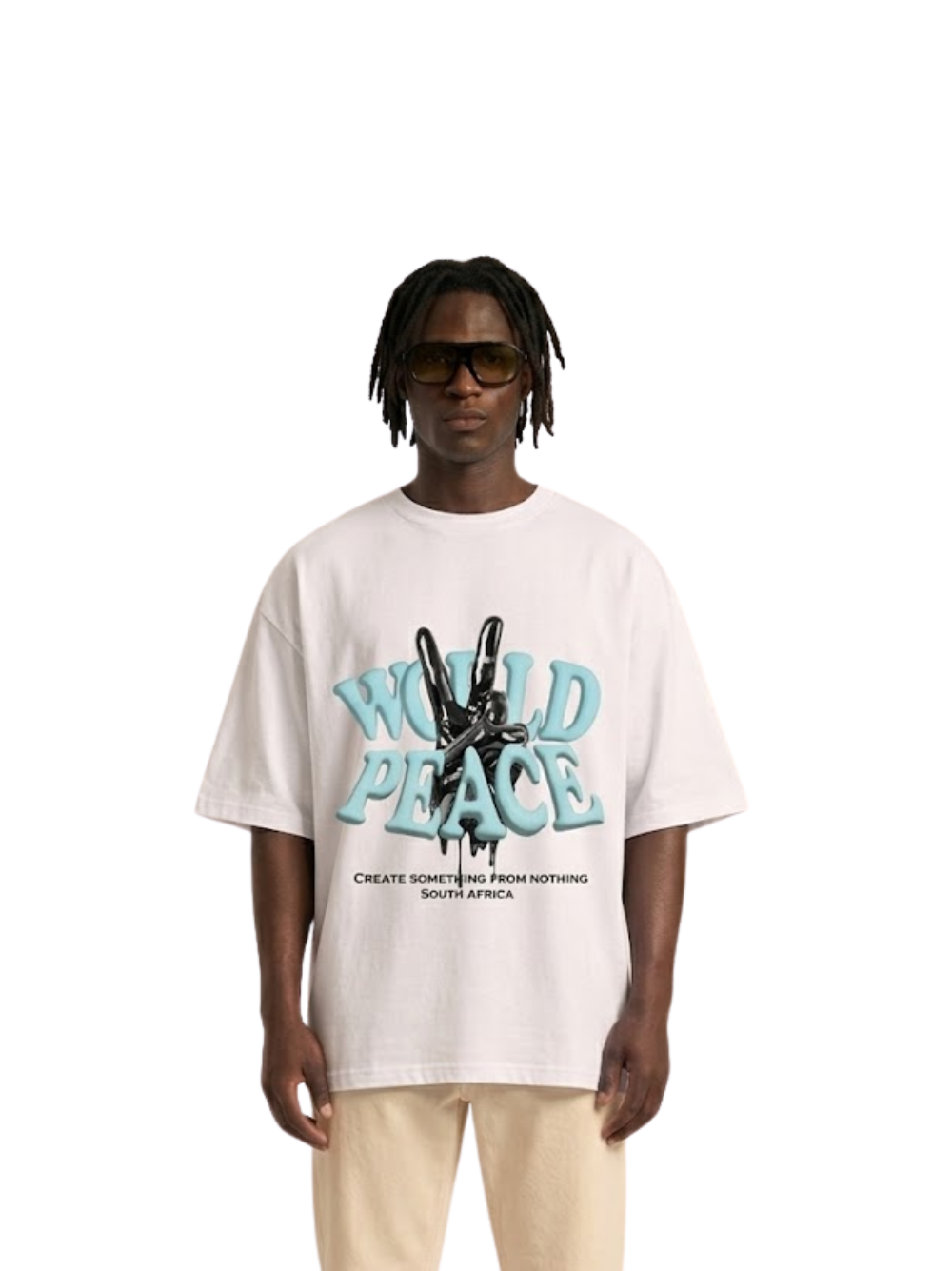 blank collection white oversized graphic t shirt at unseen grail. local brands south africa. streetwear. men and women. studio image male model front view
