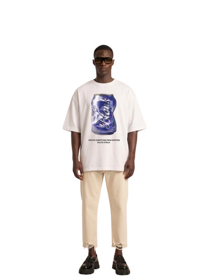 blank collection white oversized graphic t shirt at unseen grail. local brands south africa. streetwear. men and women. studio image male model full outfit