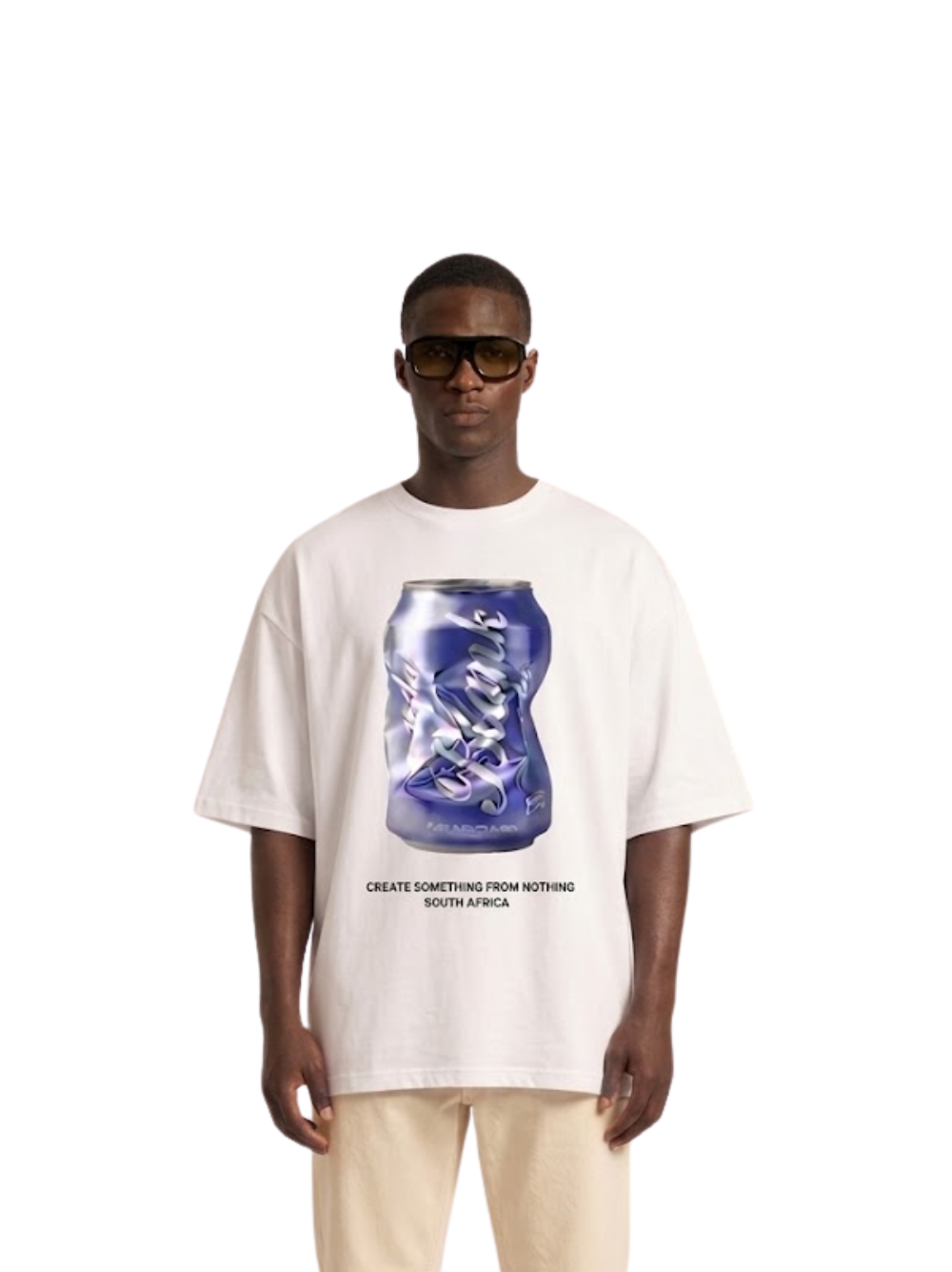 blank collection white oversized graphic t shirt at unseen grail. local brands south africa. streetwear. men and women. studio image model male front view