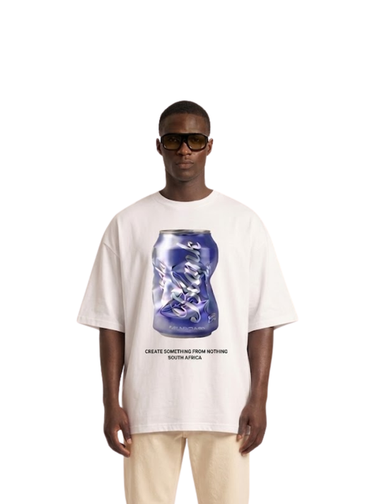 blank collection white oversized graphic t shirt at unseen grail. local brands south africa. streetwear. men and women. studio image model male front view