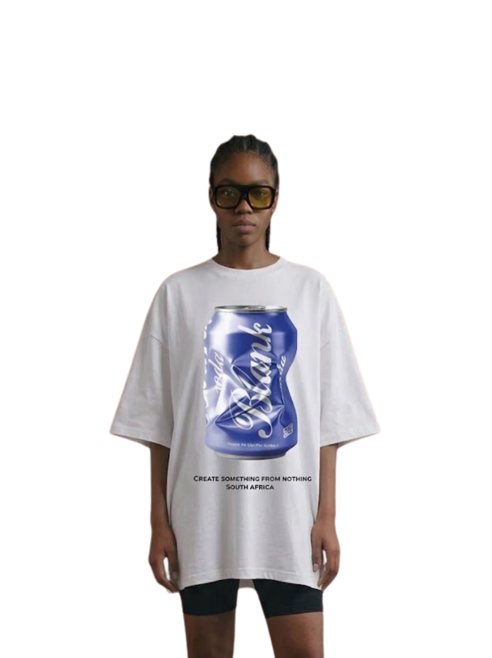 blank collection white oversized graphic t shirt at unseen grail. local brands south africa. streetwear. men and women. studio image women model front