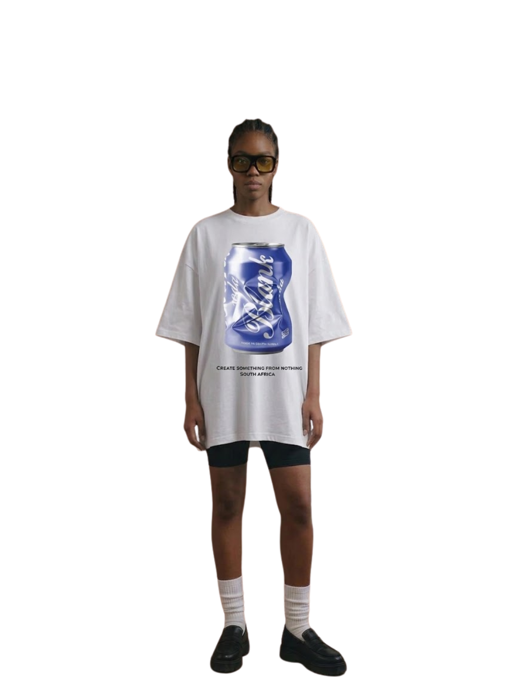 blank collection white oversized graphic t shirt at unseen grail. local brands south africa. streetwear. men and women. studio image women model front full outfit