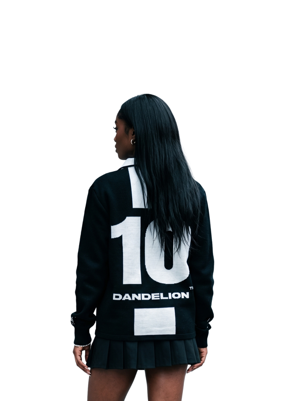dandelion black and white knitwear sweater at unseen grail. local brands south africa. streetwear. men and women. studio image female model behind view