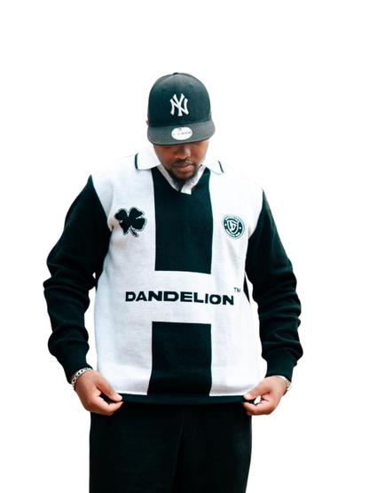 dandelion black and white knitwear sweater at unseen grail. local brands south africa. streetwear. men and women. studio image male model front view close up