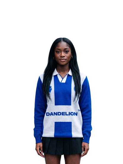 dandelion blue and white knitwear sweater at unseen grail. local brands south africa. streetwear. men and women. studio image female model front