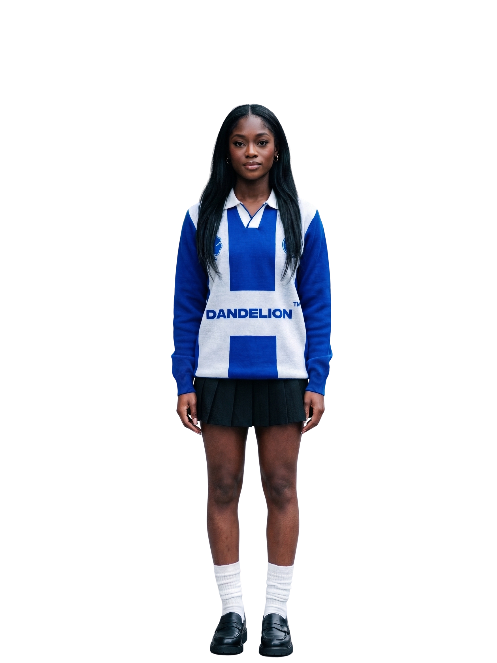 dandelion blue and white knitwear sweater at unseen grail. local brands south africa. streetwear. men and women. studio image female model front full outfit