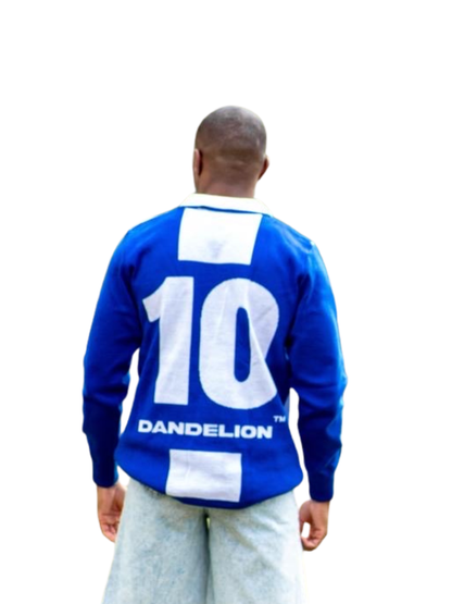 dandelion blue and white knitwear sweater at unseen grail. local brands south africa. streetwear. men and women. studio image male model behind