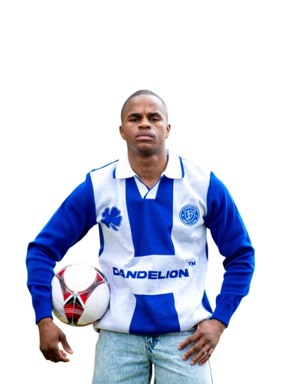 dandelion blue and white knitwear sweater at unseen grail. local brands south africa. streetwear. men and women. studio image male model front soccer ball