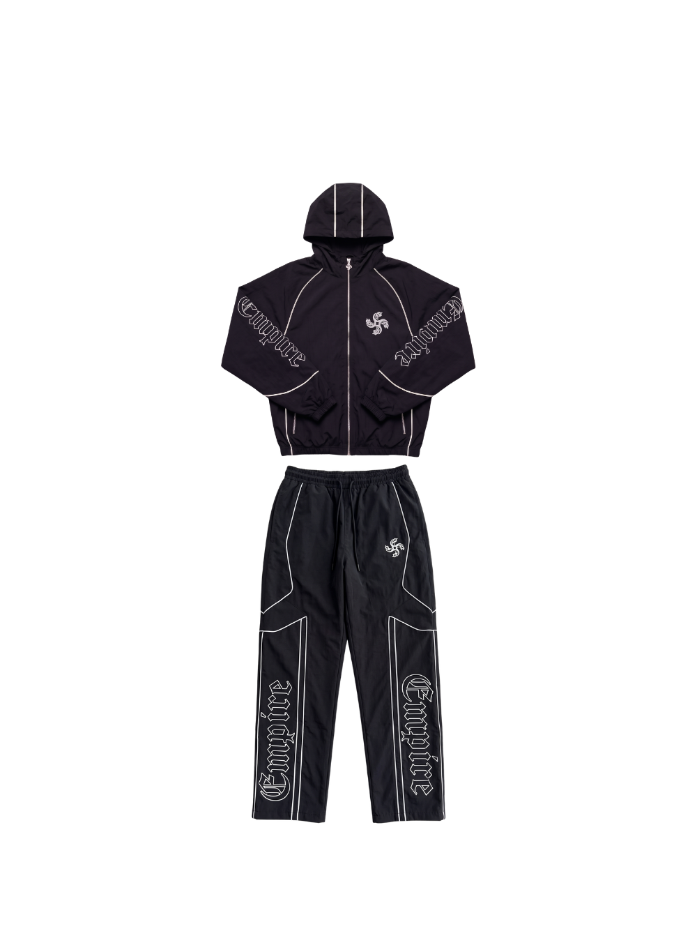 empire black oversized graphic tracksuit at unseen grail. local brands south africa. streetwear. men and women. studio image front flatlay