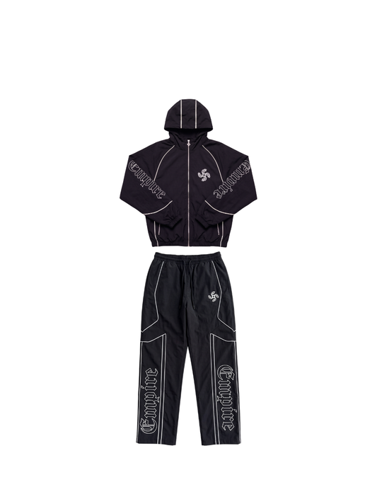 empire black oversized graphic tracksuit at unseen grail. local brands south africa. streetwear. men and women. studio image front flatlay