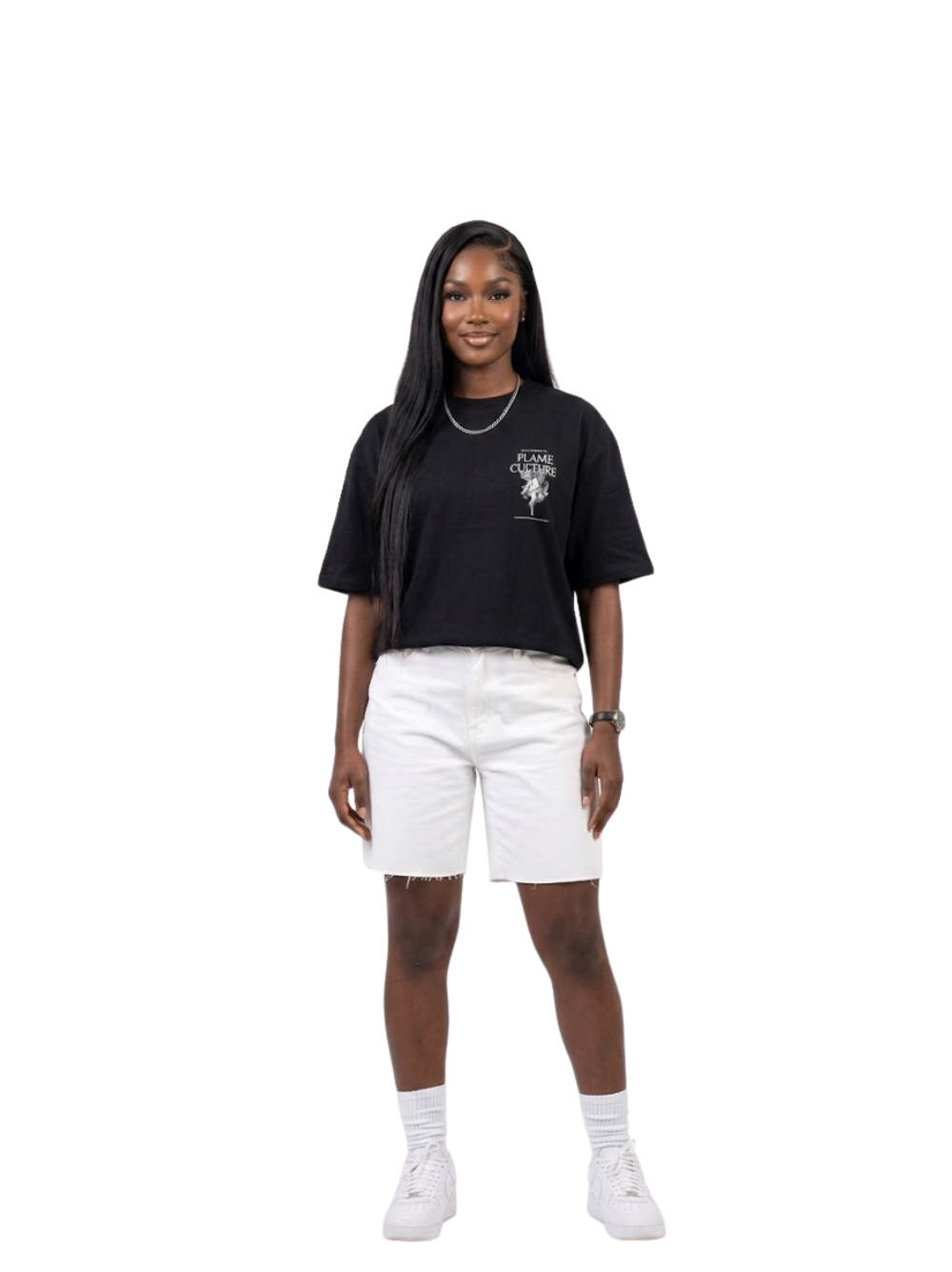 flame culture black oversized graphic t shirt at unseen grail. local brands south africa. streetwear. men and women. studio image female model front full image