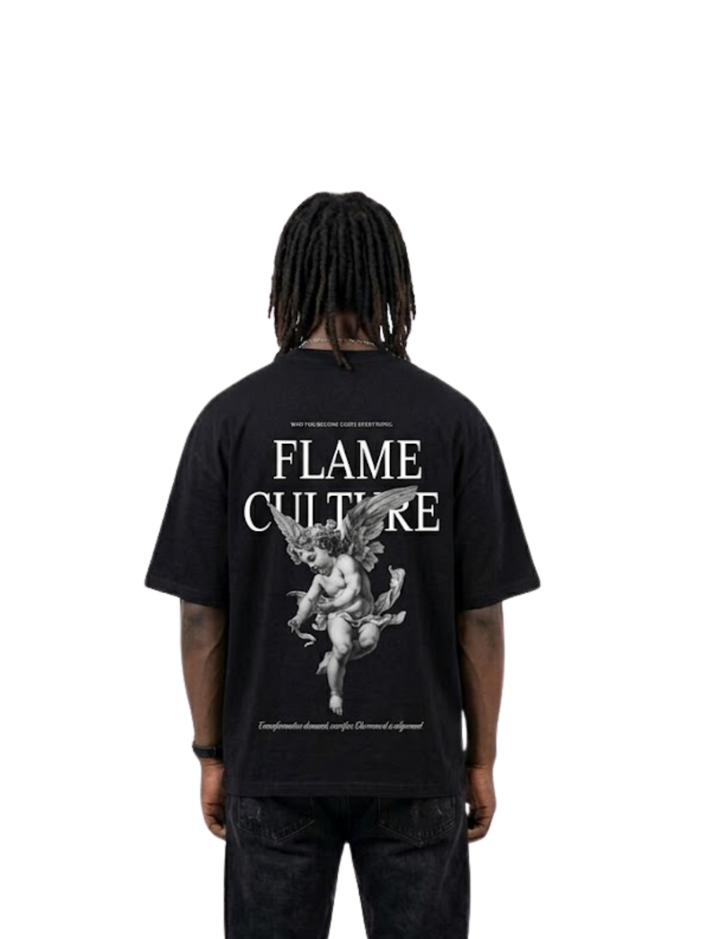 flame culture black oversized graphic t shirt at unseen grail. local brands south africa. streetwear. men and women. studio image male model behind