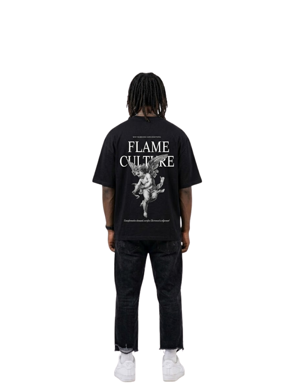 flame culture black oversized graphic t shirt at unseen grail. local brands south africa. streetwear. men and women. studio image male model behind full image