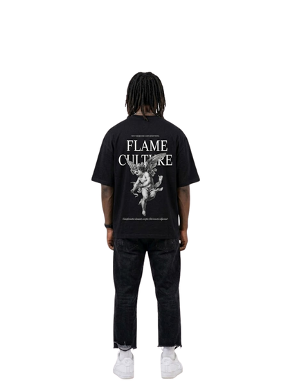 flame culture black oversized graphic t shirt at unseen grail. local brands south africa. streetwear. men and women. studio image male model behind full image