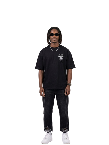 flame culture black oversized graphic t shirt at unseen grail. local brands south africa. streetwear. men and women. studio image male model front full image