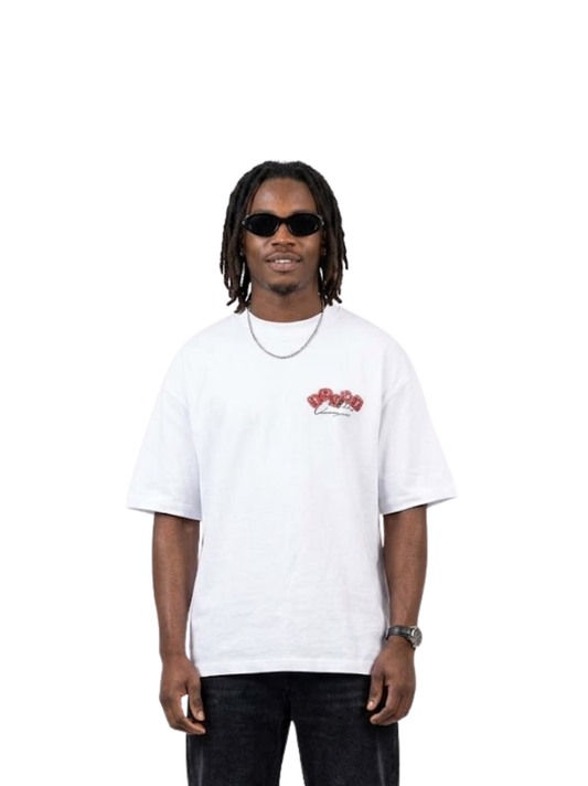 flame culture white oversized graphic t shirt at unseen grail. local brands south africa. streetwear. men and women. studio image male model front