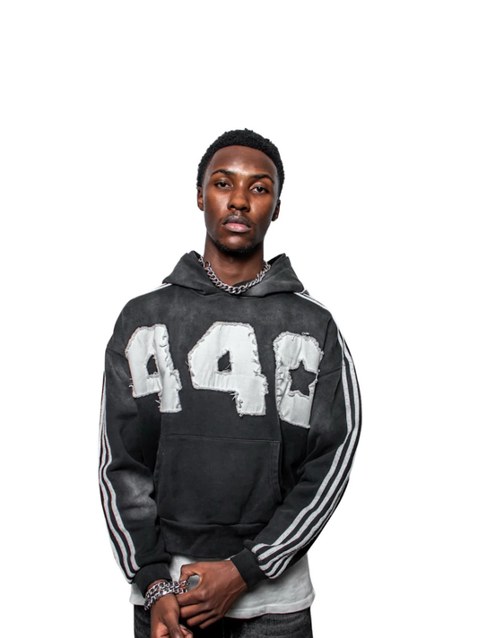 fourfourty grey oversized graphic hoodie at unseen grail. local brands south africa. streetwear. men and women. studio image male mdoel front