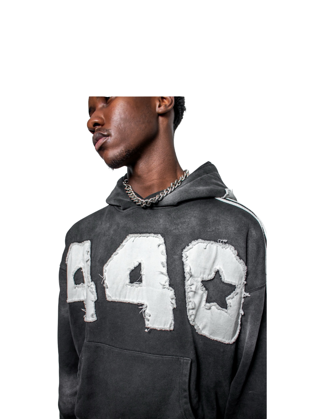 fourfourty grey oversized graphic hoodie at unseen grail. local brands south africa. streetwear. men and women. studio image male mdoel front close up