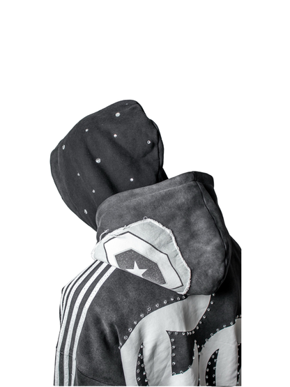 fourfourty grey oversized graphic hoodie at unseen grail. local brands south africa. streetwear. men and women. studio image male model behind side view