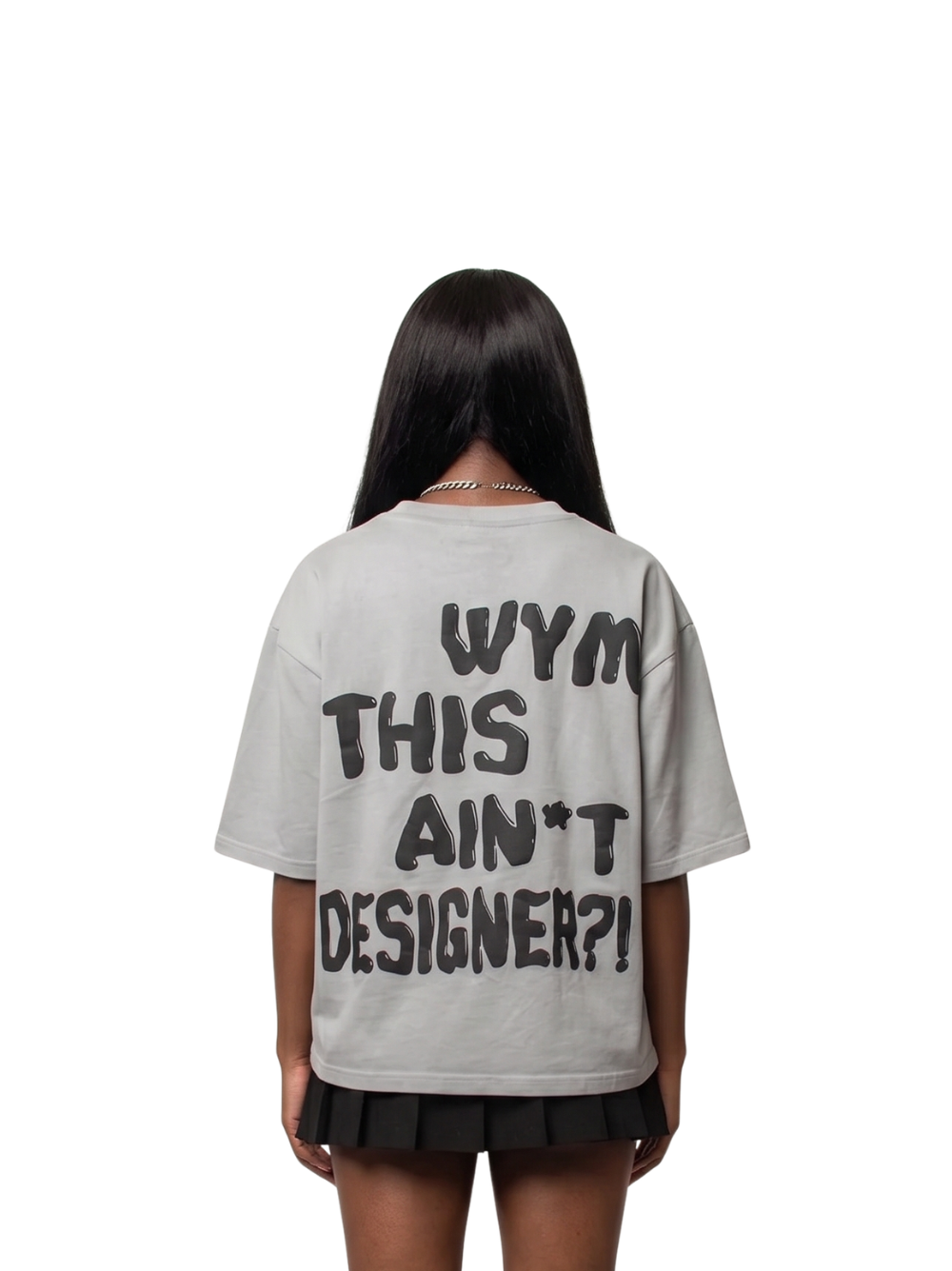 fourfourty grey oversized graphic t shirt at unseen grail. local brands south africa. streetwear. men and women. studio image female model behind