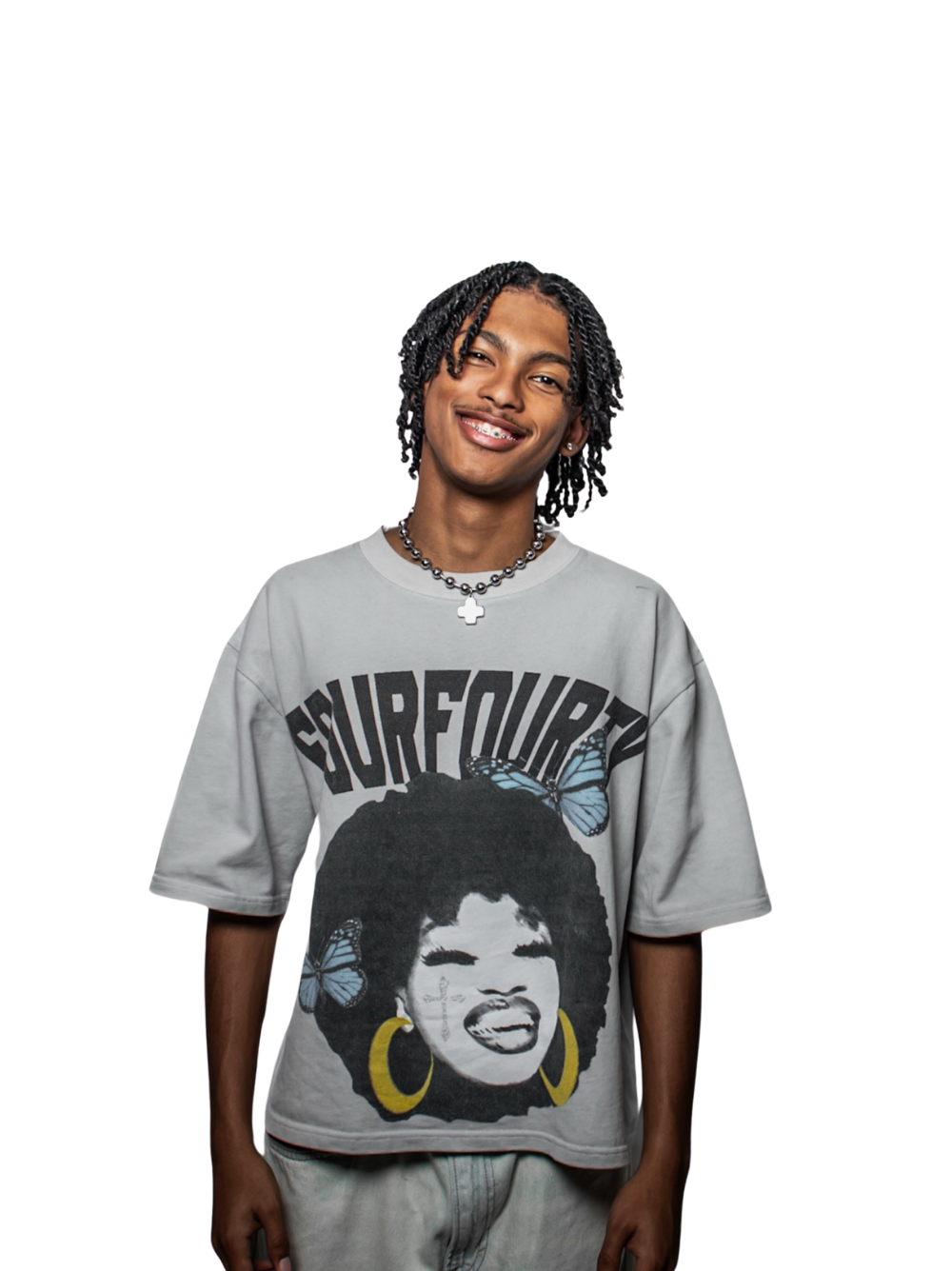 fourfourty grey oversized graphic t shirt at unseen grail. local brands south africa. streetwear. men and women. studio image male model front view