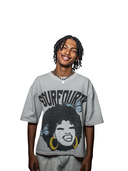 fourfourty grey oversized graphic t shirt at unseen grail. local brands south africa. streetwear. men and women. studio image male model front view
