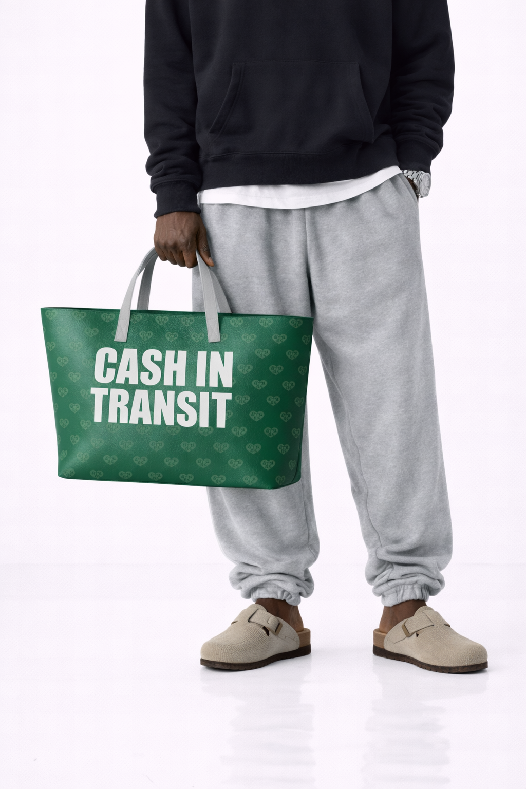 grade africa green handbag totebag at unseen grail. local brands south africa. streetwear. men and women. studio image male model 1