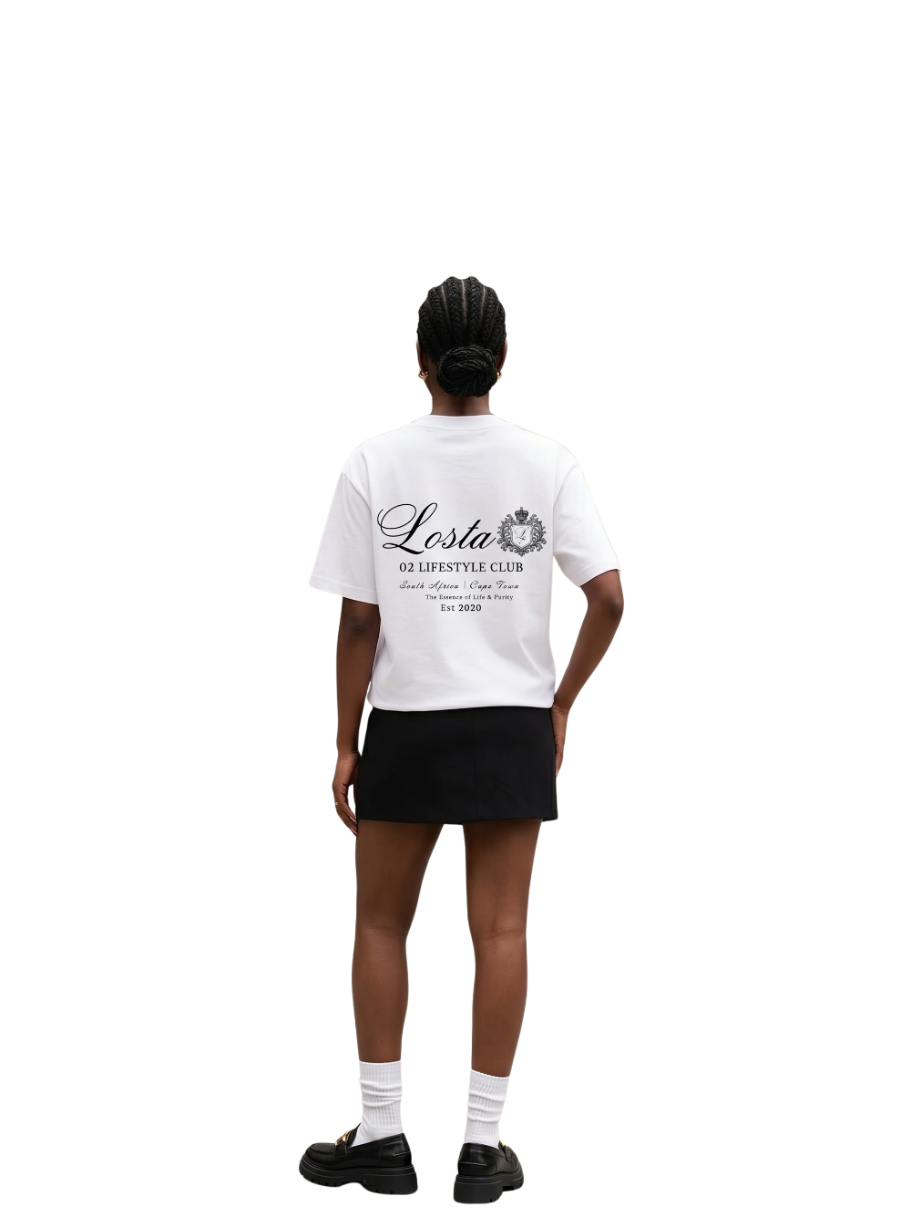 losta white oversized graphic tshirt at unseen grail. local brands south africa. streetwear. men and women. studio image female model behind full outfit