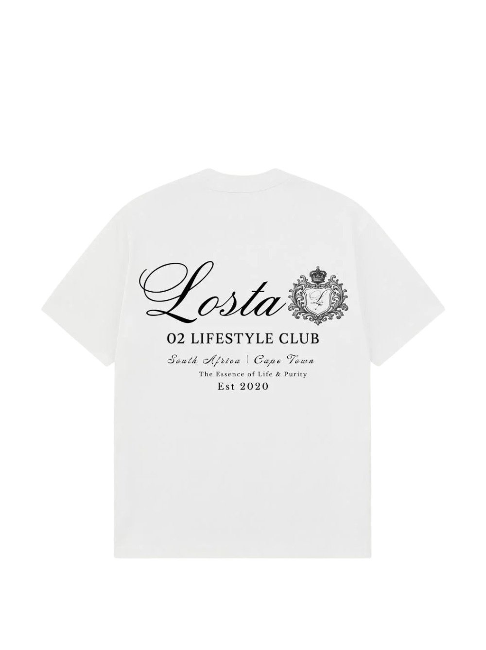 losta white oversized graphic tshirt at unseen grail. local brands south africa. streetwear. men and women. studio image flatlay behind