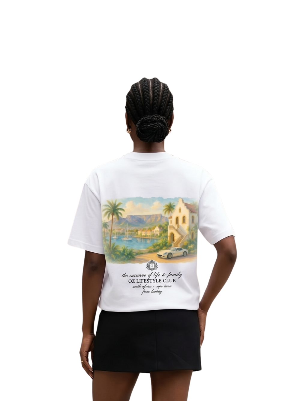losta white oversized image graphic tshirt at unseen grail. local brands south africa. streetwear. men and women. studio image female model behind