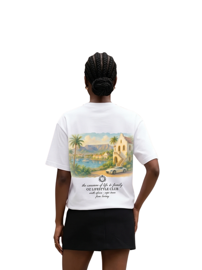 losta white oversized image graphic tshirt at unseen grail. local brands south africa. streetwear. men and women. studio image female model behind