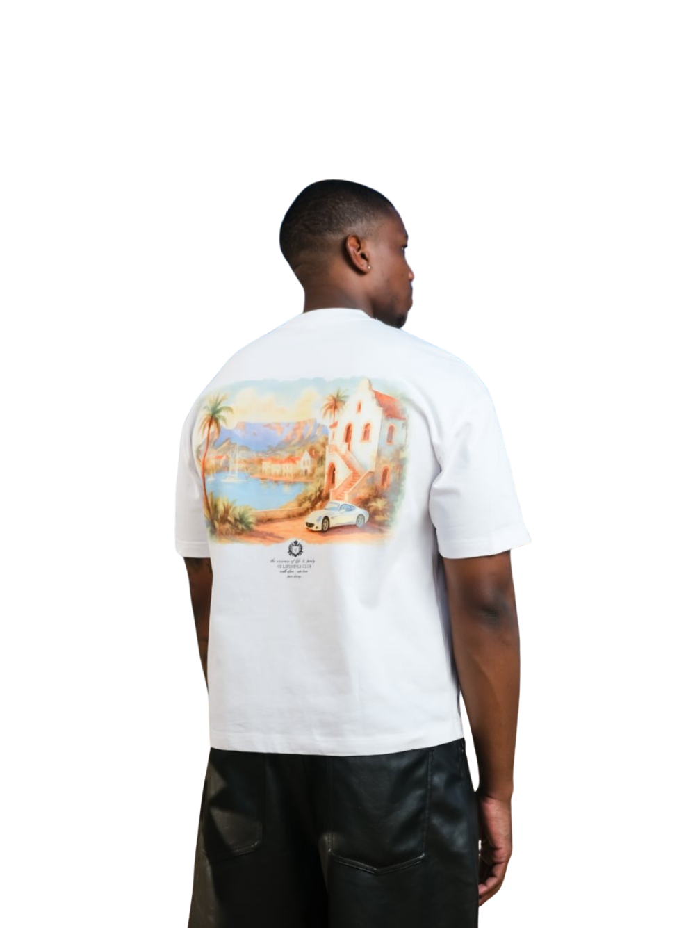 losta white oversized image graphic tshirt at unseen grail. local brands south africa. streetwear. men and women. studio image male model behind
