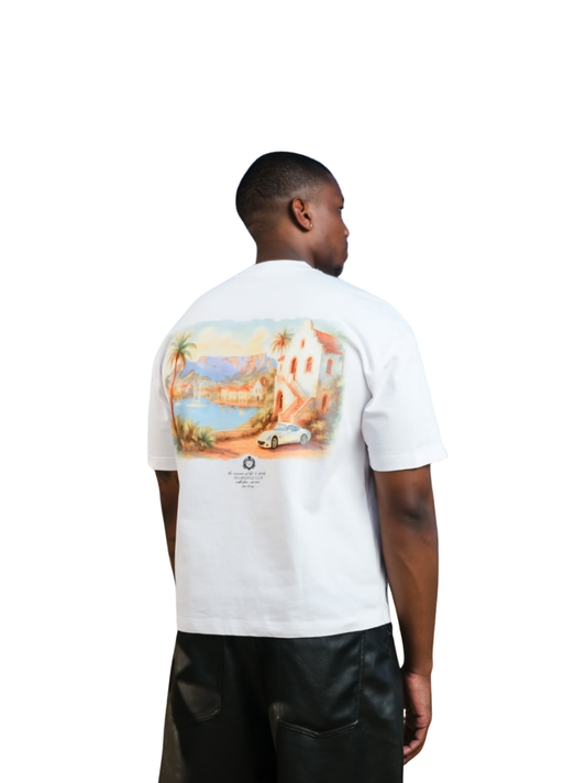 losta white oversized image graphic tshirt at unseen grail. local brands south africa. streetwear. men and women. studio image male model behind