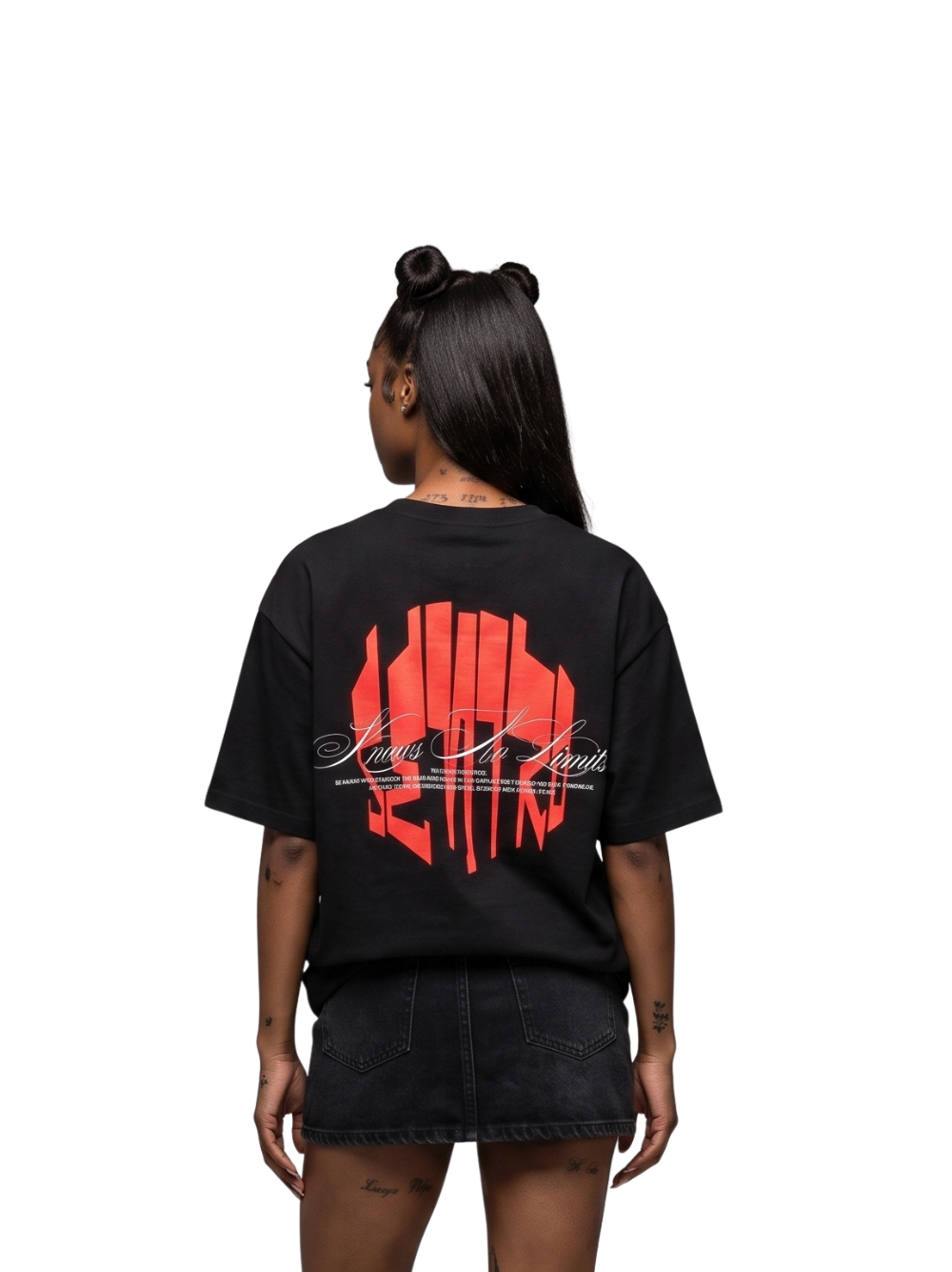 seniro black oversized graphic tshirt at unseen grail. local brands south africa. streetwear. men and women. female model behind studio image