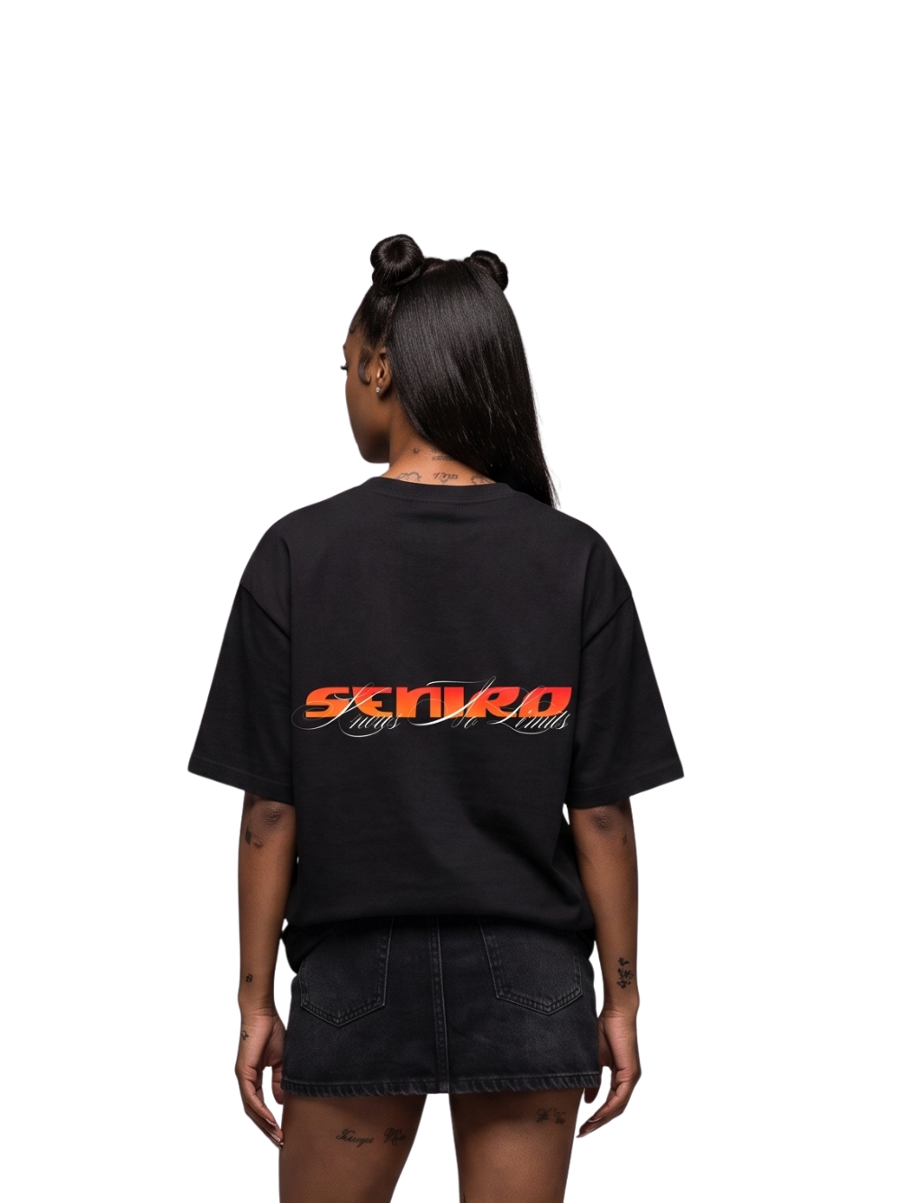 seniro black oversized graphic tshirt at unseen grail. local brands south africa. streetwear. men and women. studio image female model behind