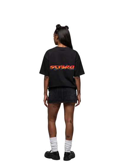 seniro black oversized graphic tshirt at unseen grail. local brands south africa. streetwear. men and women. studio image female model behind full outfit