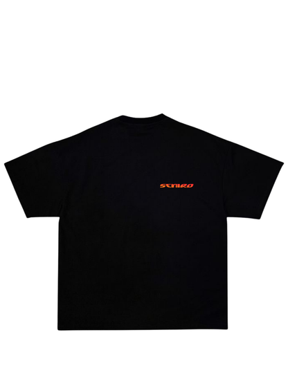 seniro black oversized graphic tshirt at unseen grail. local brands south africa. streetwear. men and women. studio image front