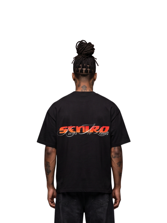 seniro black oversized graphic tshirt at unseen grail. local brands south africa. streetwear. men and women. studio image male model behind