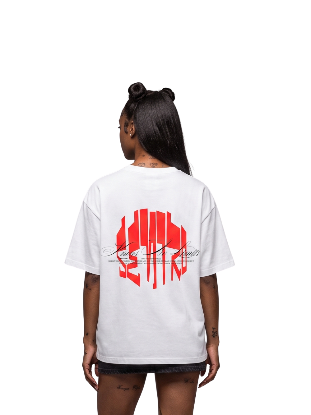 seniro white oversized graphic tshirt at unseen grail. local brands south africa. streetwear. men and women. studio image female model behind