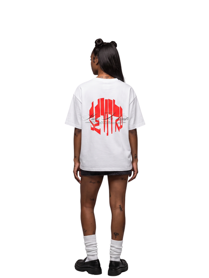 seniro white oversized graphic tshirt at unseen grail. local brands south africa. streetwear. men and women. studio image female model behind full outfit
